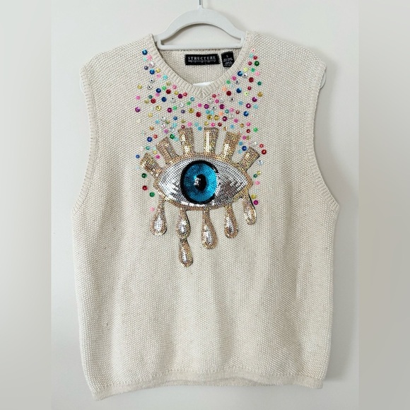 Vintage Upcycled Embroidered Boho Sequined Evil Eye Sweater Vest Tank Top NWOT - Picture 1 of 8